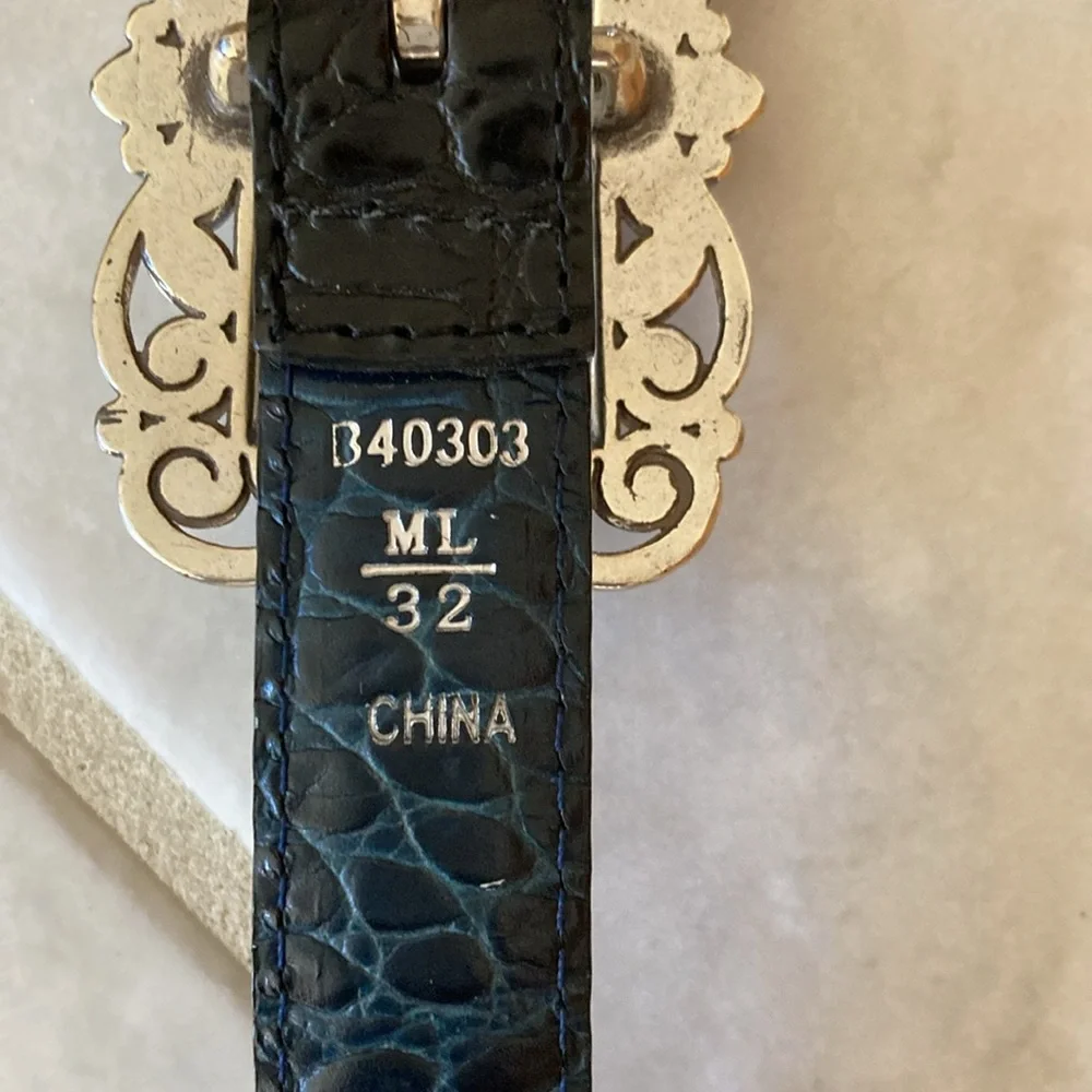 Brighton Slim Black Leather Belt with Ornate Silver Buckle